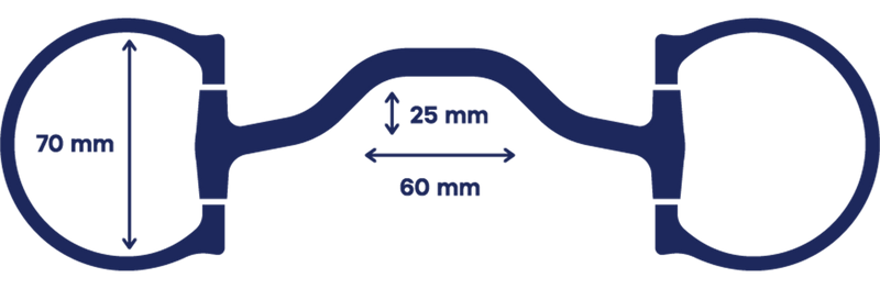 D-Ring Low Port Mullen Technical Diagram showing 70mm rings and 25mm port